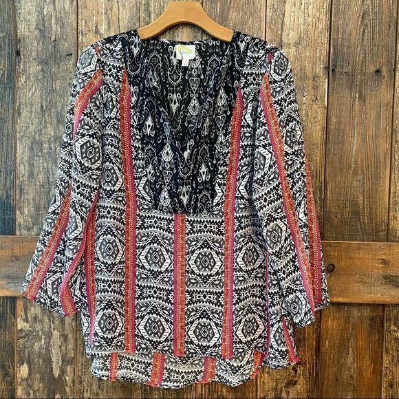Fig and Flower S Black Red Bohemian Gypsy Lightweight Relaxed Mix Pattern Blouse - Picture 9 of 9